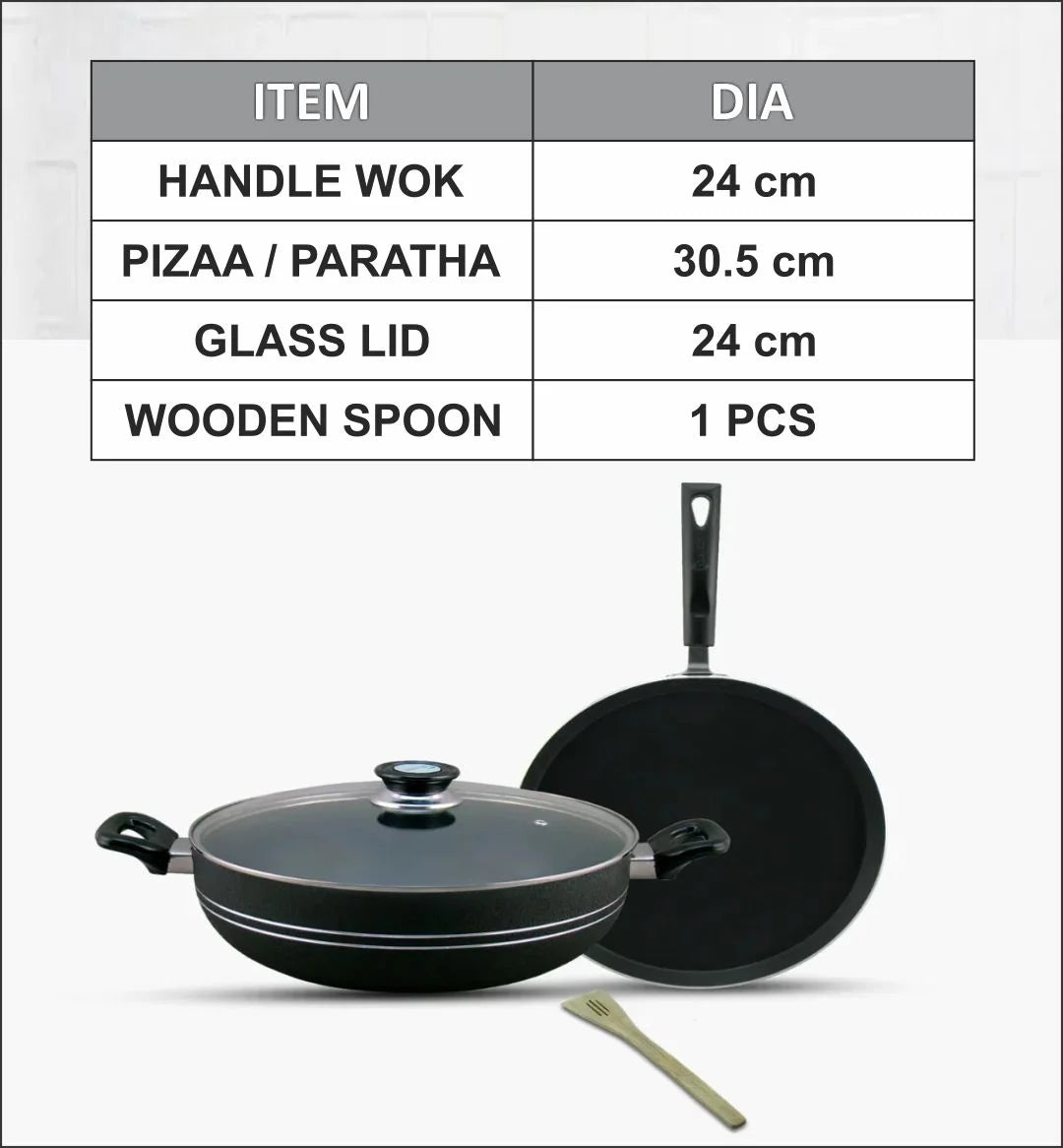 Lixcase Non-Stick Wok with Lid & Mini Pizza / Paratha Pan — Kitchen Combo Set